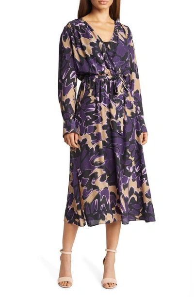 Shop Hugo Boss Demaia Long Sleeve Faux Wrap Dress In Purple