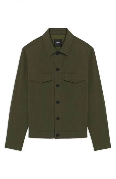 Shop Theory River Cotton Blend Twill Trucker Jacket In Olive Branch - Fat