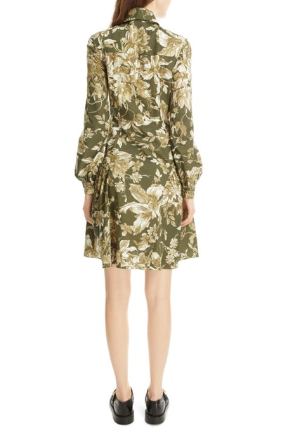 Shop Erdem Liana Floral Print Long Sleeve Shirtdress In Olive/ Ecru