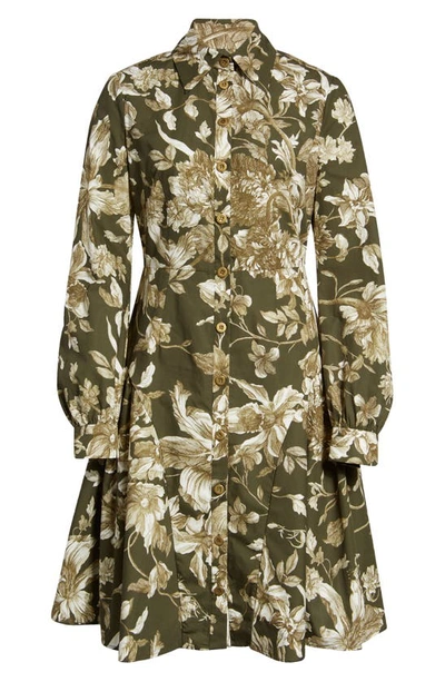 Shop Erdem Liana Floral Print Long Sleeve Shirtdress In Olive/ Ecru