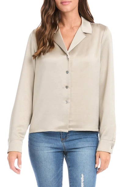 Shop Karen Kane Satin Button-up Shirt In Taupe