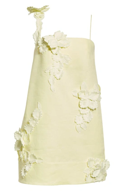 Shop Zimmermann High Tide 3d Floral Appliqué Linen Minidress In Lemon