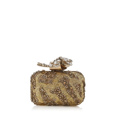 Shop Jimmy Choo Cloud Silver Embroidered Clutch Bag With Crystal Knot Clasp In Gold