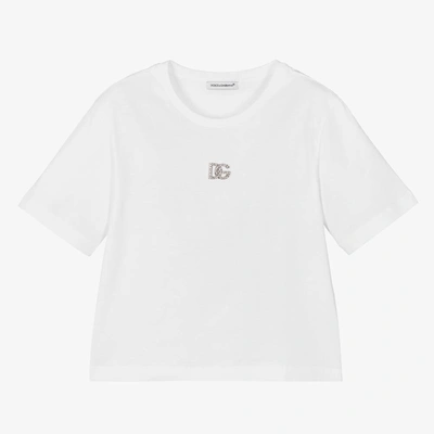 Shop Dolce & Gabbana Girls White Cotton Rhinestone Logo T-shirt