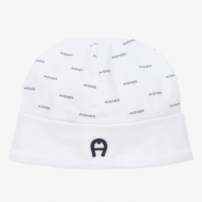 Shop Aigner Baby Boys White & Blue Pima Cotton Hat