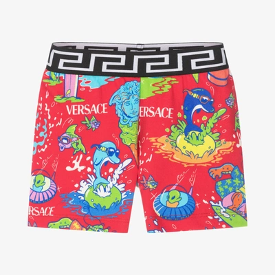 Shop Versace Boys Red Cotton Jersey Logo Shorts