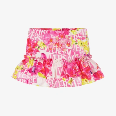 Shop Versace Girls Pink Cotton Floral Skirt