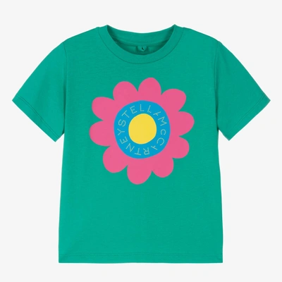 Shop Stella Mccartney Kids Girls Green Cotton Flower Logo T-shirt