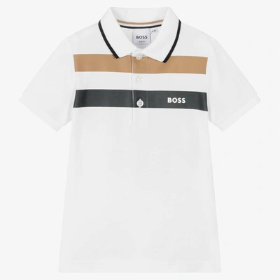 Shop Hugo Boss Boss Boys White Cotton Logo Stripe Polo Shirt