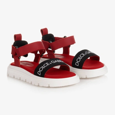 Shop Dolce & Gabbana Girls Red Leather Logo Sandals