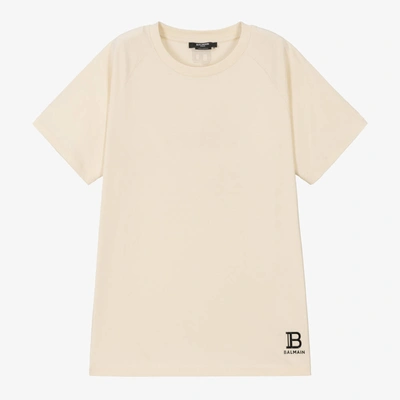 Shop Balmain Teen Boys Beige Cotton Logo T-shirt