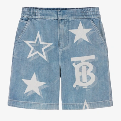 Shop Burberry Teen Boys Light Blue Monogram Denim Shorts