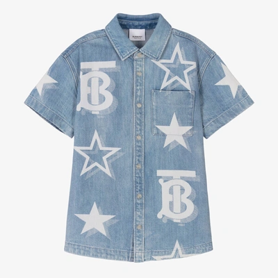 Shop Burberry Teen Boys Light Blue Monogram Denim Shirt