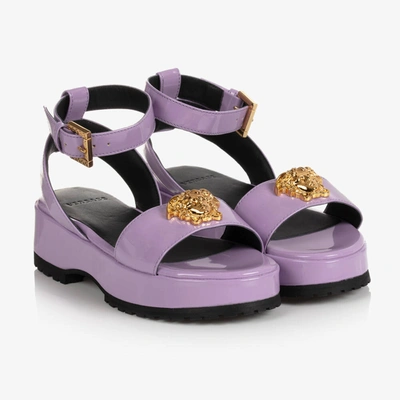 Shop Versace Girls Patent Violet Platform Sandals In Purple