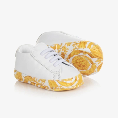 Shop Versace White Barocco Leather Pre-walker Shoes
