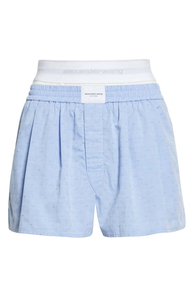 Shop Alexander Wang Paisley Embroidery Logo Cotton Boxer Shorts In Chambray Blue