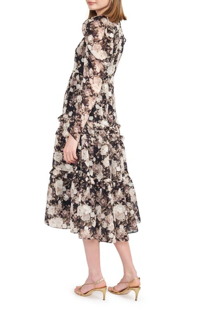 Shop En Saison Rena Floral Print Long Sleeve Tiered Midi Dress In Black Multi