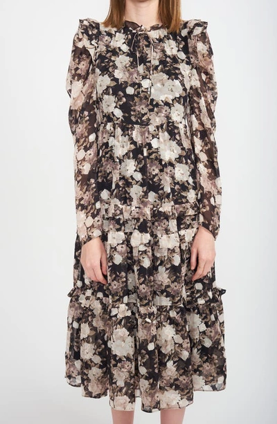Shop En Saison Rena Floral Print Long Sleeve Tiered Midi Dress In Black Multi