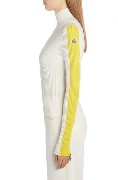 Shop Moncler Stripe Sleeve Funnel Neck Rib Wool Sweater In White/ Yellow