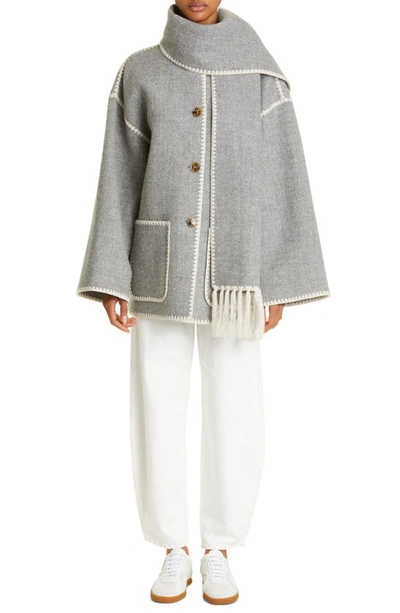 Shop Totême Toteme Chain Stitch Wool Blend Scarf Jacket In Light Grey Melange