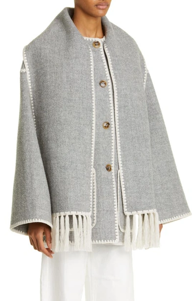 Shop Totême Toteme Chain Stitch Wool Blend Scarf Jacket In Light Grey Melange