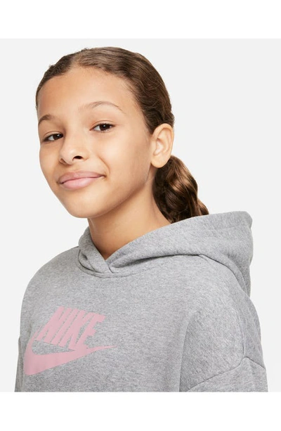 Shop Nike Kids' Club Crop Cotton Blend French Terry Hoodie In Carbon Heather/ Pink