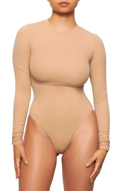 Shop Skims Fits Everybody Long Sleeve Crewneck Bodysuit In Clay