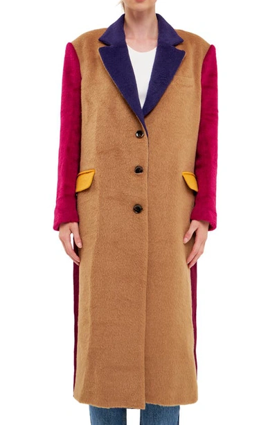 Shop English Factory Fringe Premium Colorblock Oversized Coat In Camel Multi