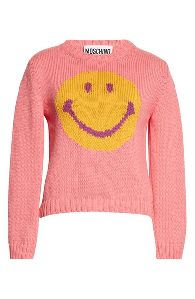 Shop Moschino X Smiley® Intarsia Crewneck Sweater In Fantasy Print Fucsia