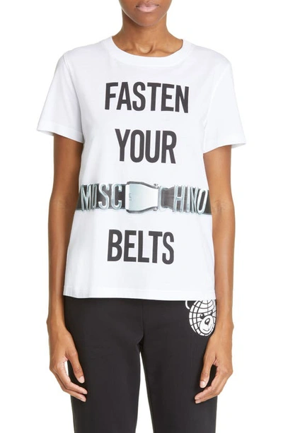 Shop Moschino Fasten Your Seatbelts Graphic Tee In Fantasy Print White