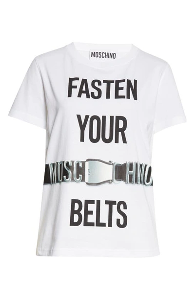Shop Moschino Fasten Your Seatbelts Graphic Tee In Fantasy Print White