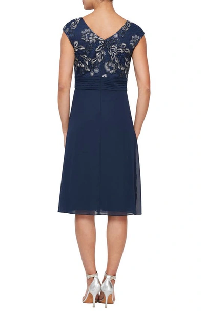 Shop Alex Evenings Embroidered Bodice A-line Cocktail Dress In Navy/ Silver