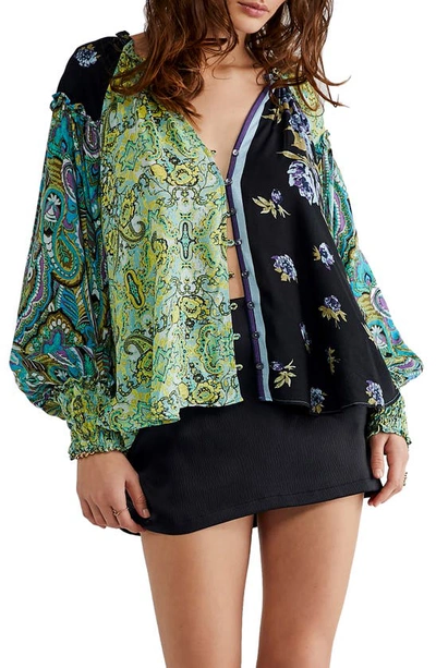 Shop Free People Gemini Patchwork Print Button-up Blouse In Dark Night Combo