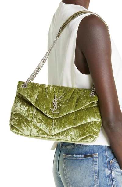 Shop Saint Laurent Small Loulou Quilted Crushed Velvet Puffer Bag In Green