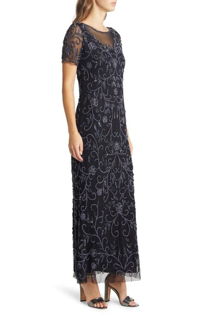 Shop Pisarro Nights Floral Beaded Short Sleeve A-line Gown In Black/ Gunmetal