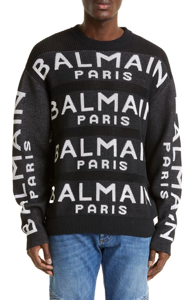 Shop Balmain Logo Jacquard Crewneck Wool Sweater In Black/ White