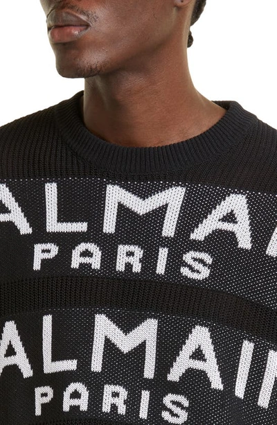 Shop Balmain Logo Jacquard Crewneck Wool Sweater In Black/ White