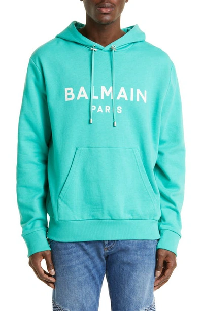 Shop Balmain Logo Graphic Hoodie In Sea Green/ White