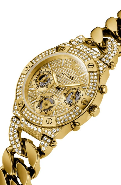 Shop Guess Multifunction Crystal Curb Chain Bracelet Watch, 36mm In Gold/gold/gold