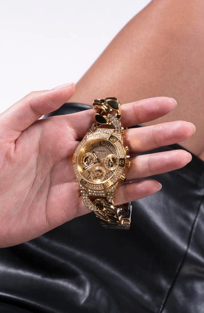 Shop Guess Multifunction Crystal Curb Chain Bracelet Watch, 36mm In Gold/gold/gold