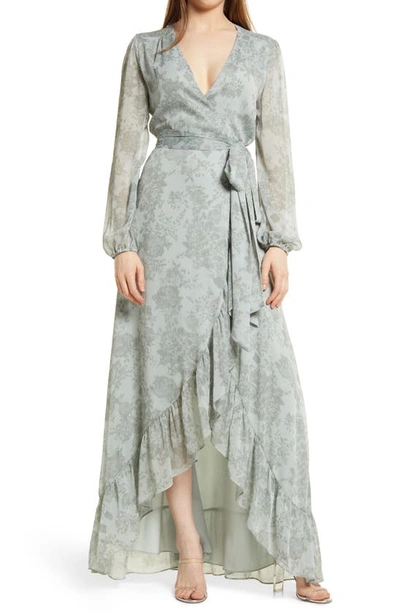 Shop Wayf The Meryl Floral Long Sleeve Wrap Gown In Sage Shadow Bouquet Print