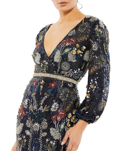 Shop Mac Duggal Embellished Wrap Over Bishop Sleeve Gown In Midnight Multi
