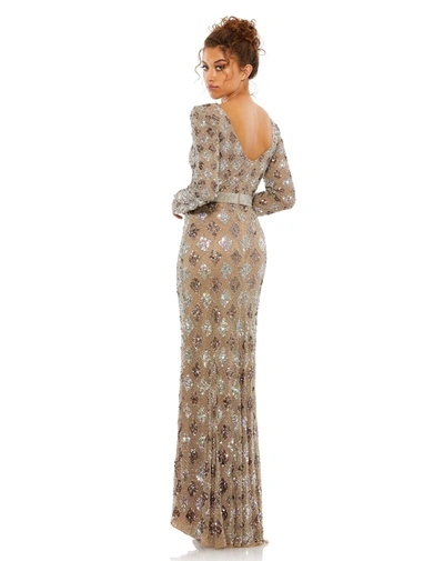 Shop Mac Duggal Geometric Embellished Evening Gown - Final Sale In Mocha