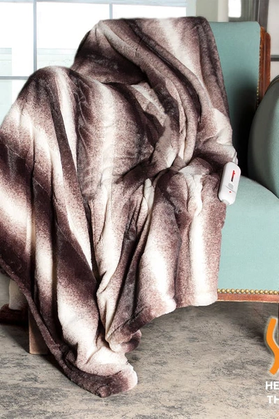 Luxe Brown/white Faux Fur Heated Throw Blanket In Brown/white