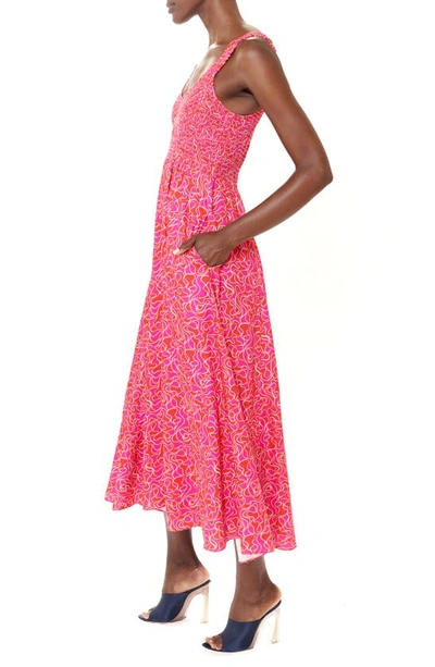 Shop La Ligne Smocked Midi Dress In Fuchsia/ Red/ Tan