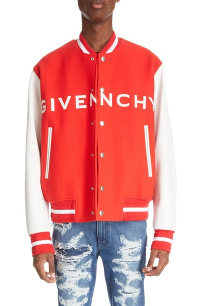 Shop Givenchy Embroidered Logo Mixed Media Leather & Wool Blend Varsity Jacket In White/ Red