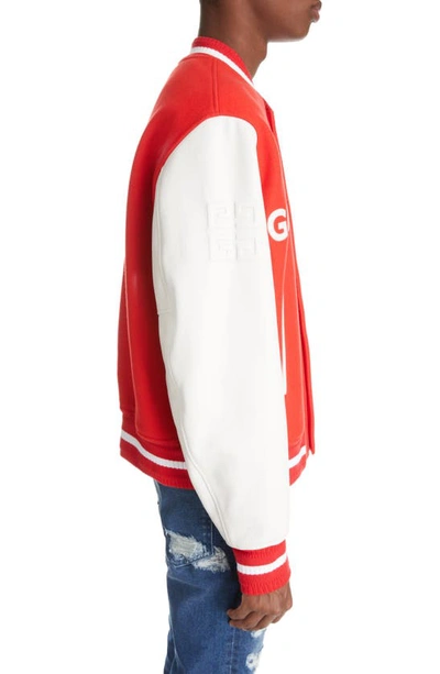 Shop Givenchy Embroidered Logo Mixed Media Leather & Wool Blend Varsity Jacket In White/ Red