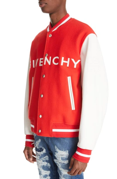Shop Givenchy Embroidered Logo Mixed Media Leather & Wool Blend Varsity Jacket In White/ Red