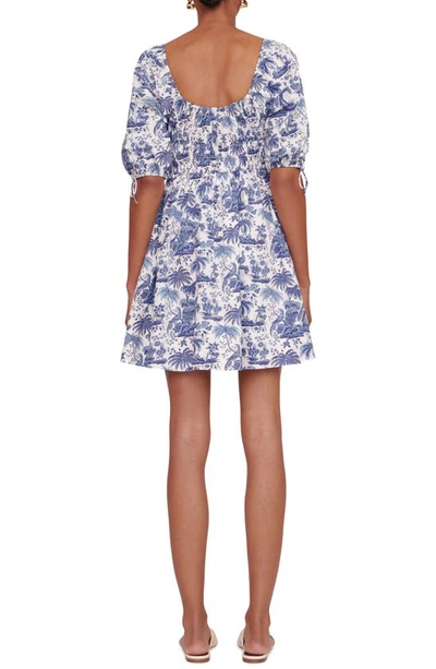 Shop Staud Faye Puff Sleeve Stretch Cotton Minidress In Blue Toile