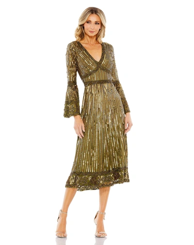Shop Mac Duggal Embellished 3/4 Sleeve V Neck A Line Dress In Light Olive